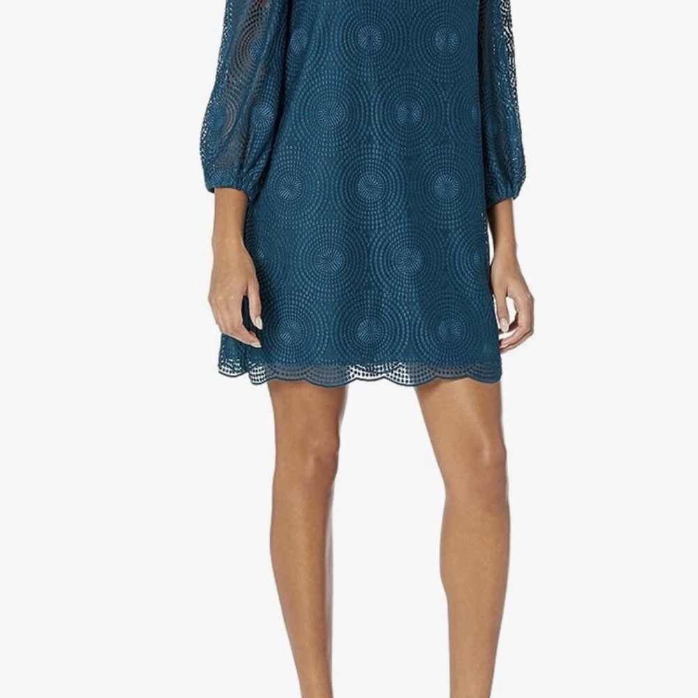 Trina Turk Teal High Neck Palm Colony Lace Shift Dress